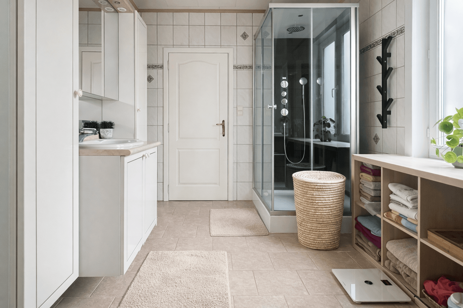 Ruime badkamer met douche en wastafel