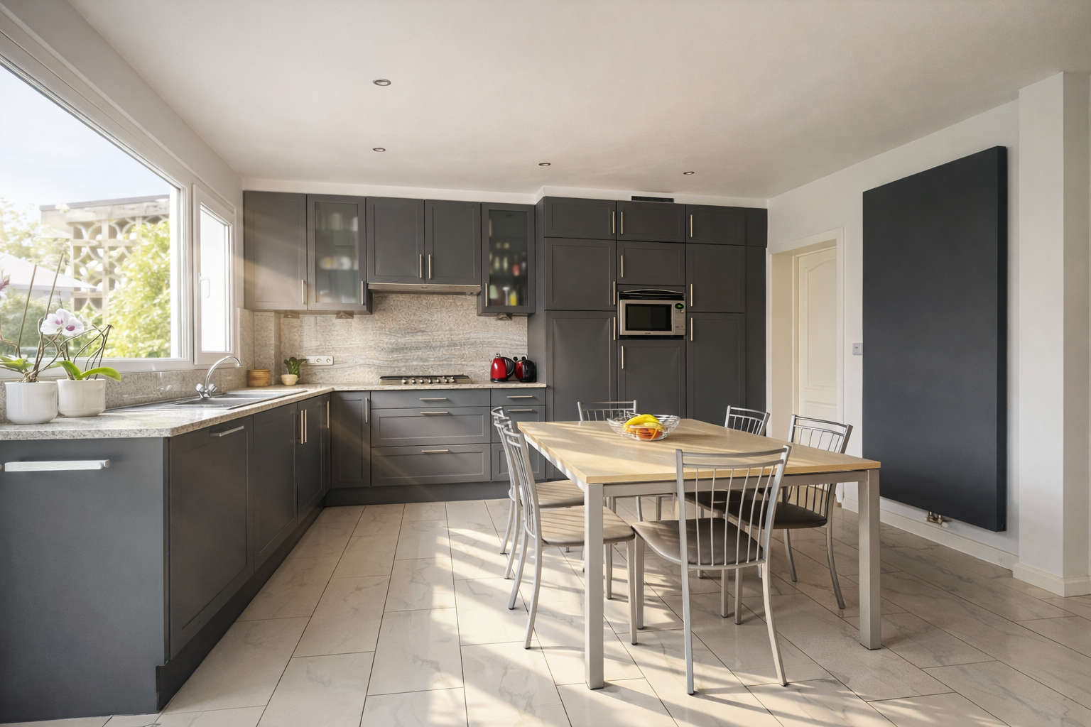 Ruime keuken met veel opbergruimte en natuurlijke lichtinval